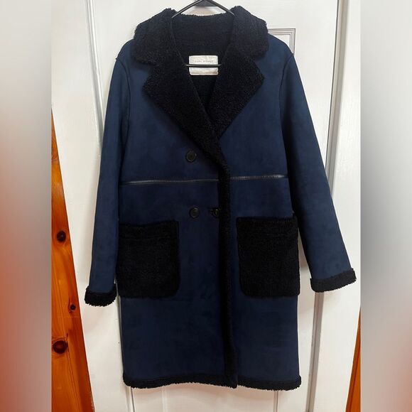 Zara Blue Faux Suede Shearling OVERCOAT Jacket Teddy Coat Long Size XS - Picture 1 of 12